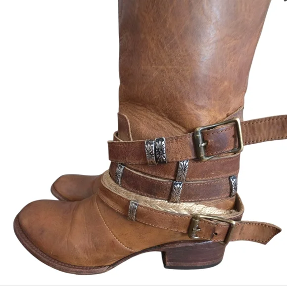 Freebird Drove Tan Distressed Leather Strappy Cowboy Boots Size 6 - Picture 10 of 17